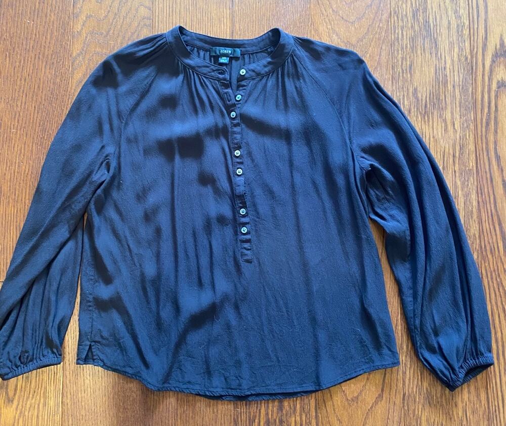 J.Crew Women’s XS Black Long Sleeve Henley Blouse Band Collar Button Front